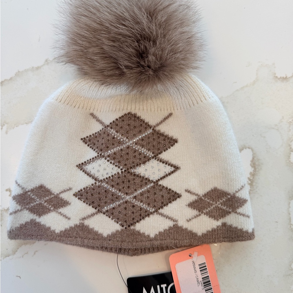 Cream and Taupe Argyle Fox Pom Beanie